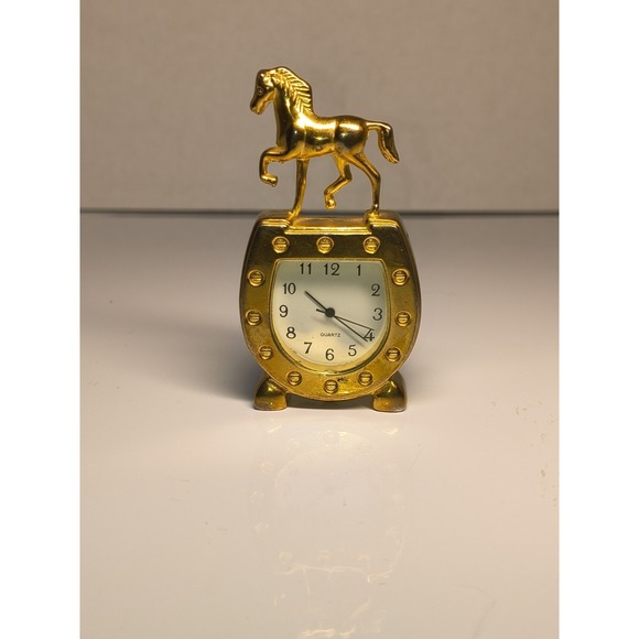 The Unbranded Brand Other - Horse & Lucky Horseshoe Mini Desk Clock Gold Tone- Equestrian Collectible- Works